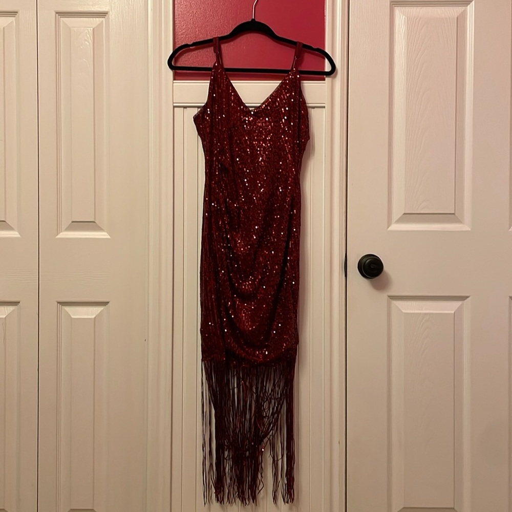 Red sequin party dress size medium. Sequin fringe on the bottom